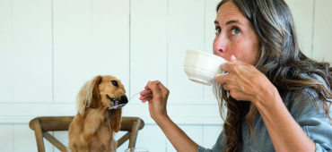 Frau füttert mit Löffel ihren Hund beim Frühstück